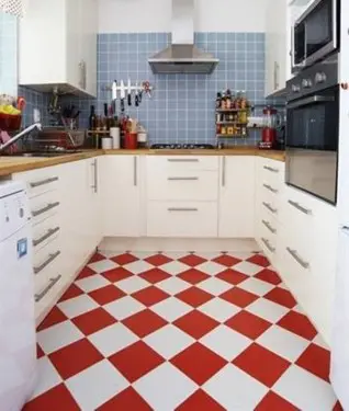 Red and white floor tiles