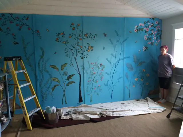 Lara Jean's mural being hand painted on the film set of To All The Boys I've Loved Before. Photo c/o Production Designer Paul Joyal