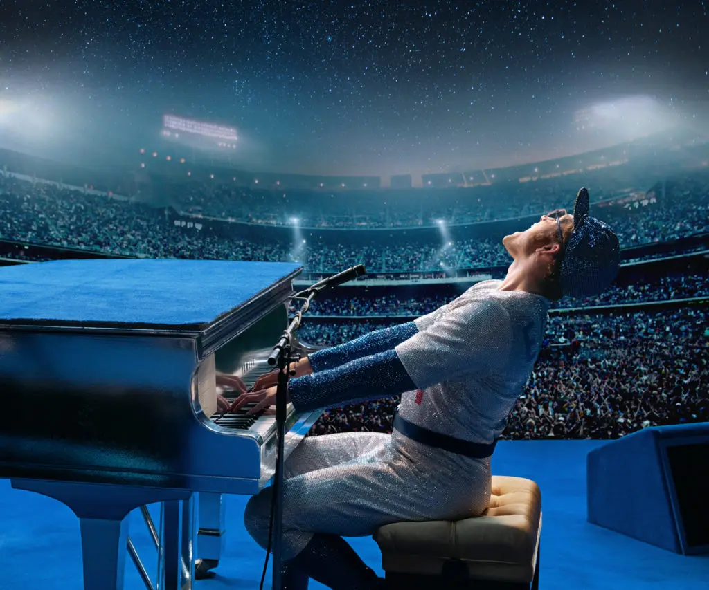 Taron Egerton as Elton John performing in The Dodgers Stadium in Rocketman. Photo c/o Paramount Pictures.