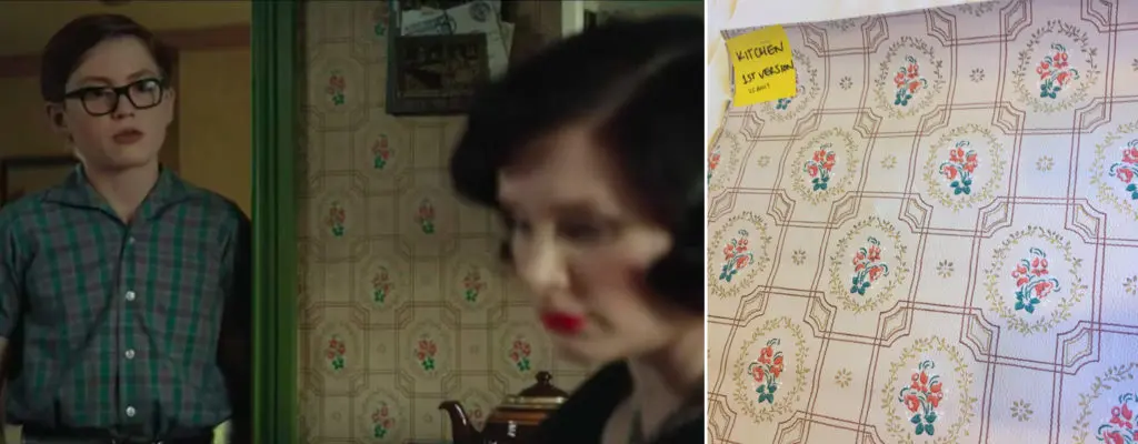 Elton John's childhood home in Rocketman (left) and the actual original paper sourced by Jude Farr and her art department