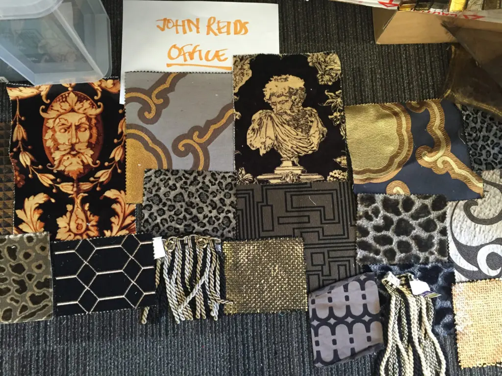 Mood board and samples for John Reid's office in Rocketman