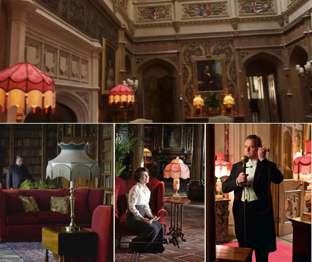 A selection of fringed lamps seen in Downton Abbey interiors