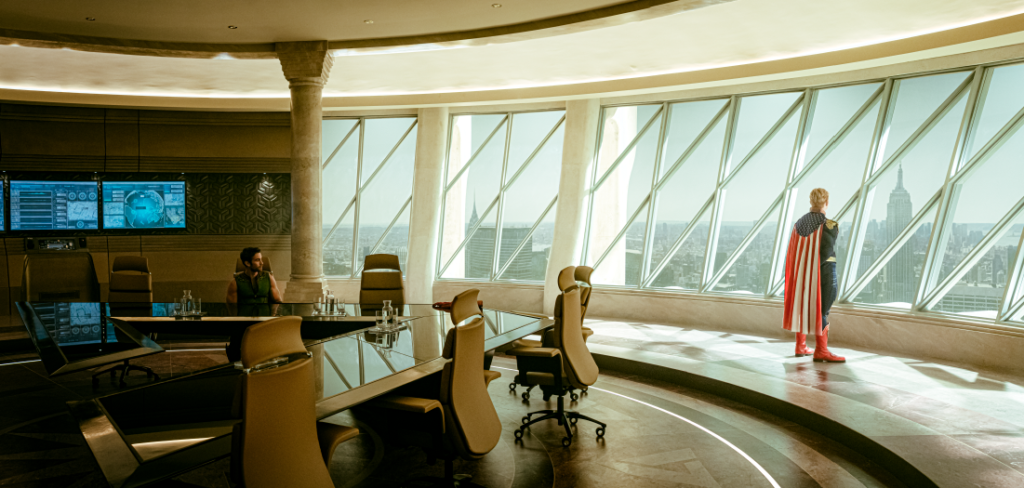 Vought boardroom in The Boys. Production Design by David Blass