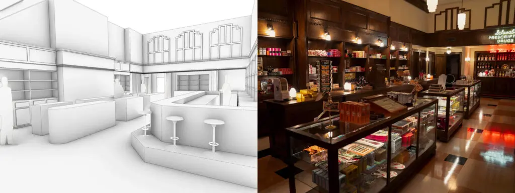 Initial drawings and the final film set for Schwab's Pharmacy in Hollywood