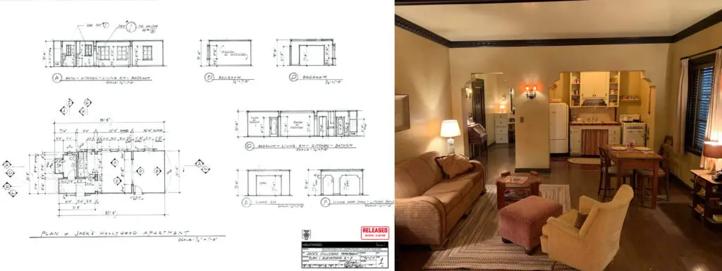 Initial drawings by production designer Matthew Ferguson and photos of the final film set for Jack's apartment in Hollywood