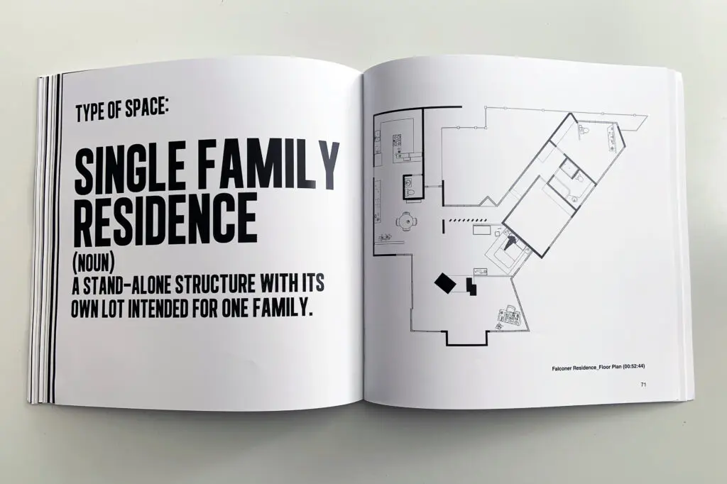 A spread from the book The Architecture of Cinematic Spaces showing a floorplan of George Falconer's house in A Single Man
