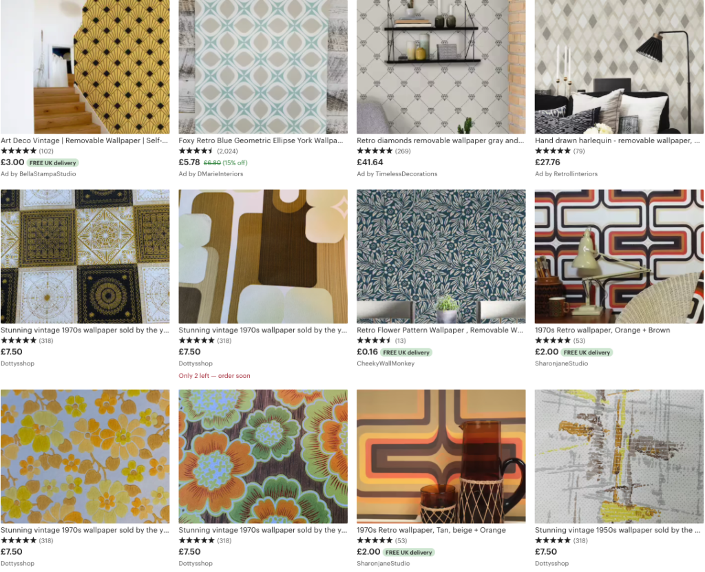 a selection of retro wallpaper currently available on Etsy