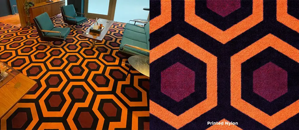 Hicks Hexagon wall-to-wall CARPET in PRINTED NYLON. UK/Europe: Min. order approx 30 sqm, Standard roll widths = 4m widths. USA: Min. order approx 65sy (55 sqm), Standard roll widths = 12, 13'2", or 15'