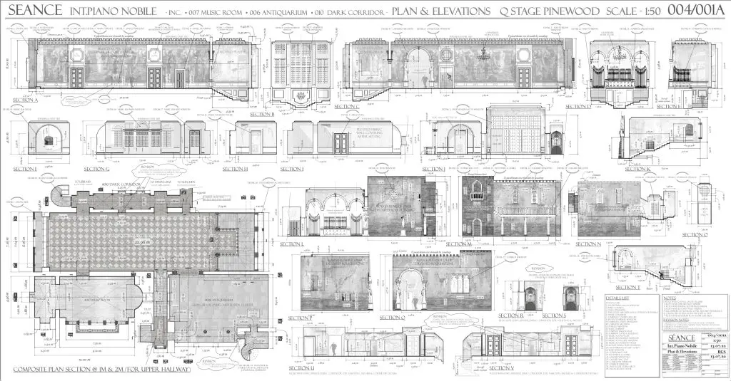 Plan and elevation drawings for the Piano Nobile in A Haunting in Venice