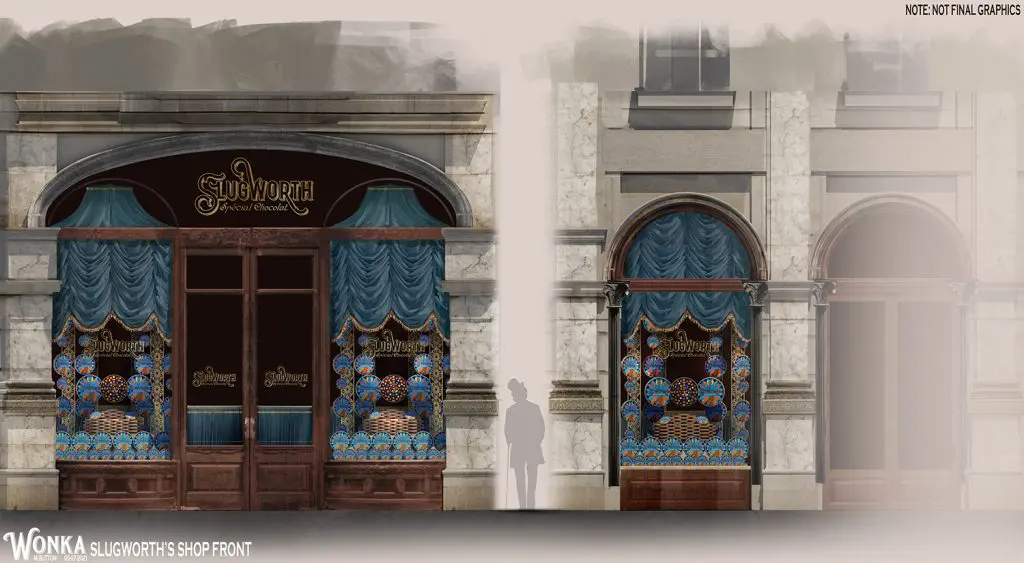 Concept art for Slugworth's chocolate shop in Wonka
