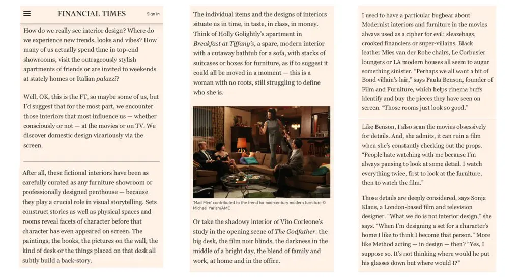 Film and furniture in the Financial Times newspaper