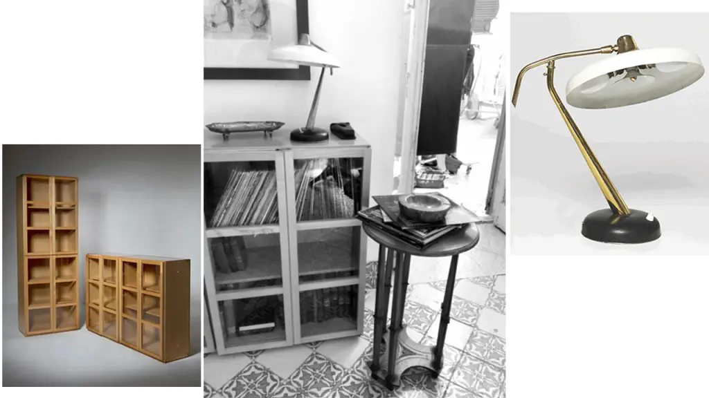 Details of Dickie's home in Ripley. Bookcases by Titti Fabiani, Ideal Form 1960 Italy
from Compasso-design Milan. Lamp: Oscar Torlasco by LUMI 1950 from Officina Antiquaria Milan