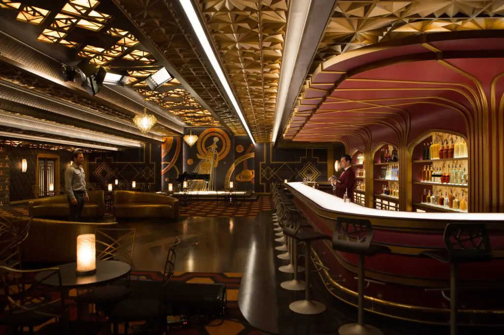 The art deco bar onboard spaceship Avalon in Passengers