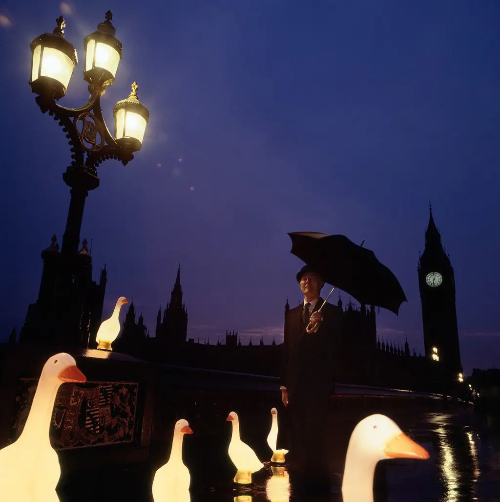 Gladys Goose lamp photo shoot on Westminster Bridge, early 1980s
