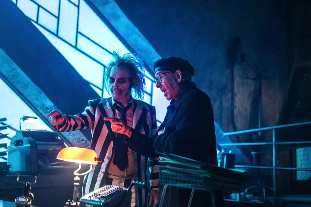 Tim Burton and Michael Keaton in the boiler room film set of Beetlejuice Beetlejuice