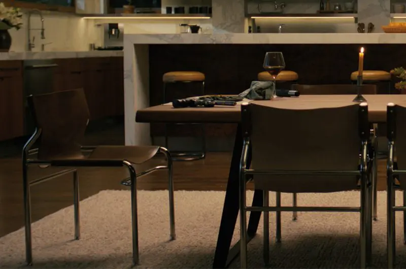 Surf Sling Brown Leather Dining Chair as seen in Companion