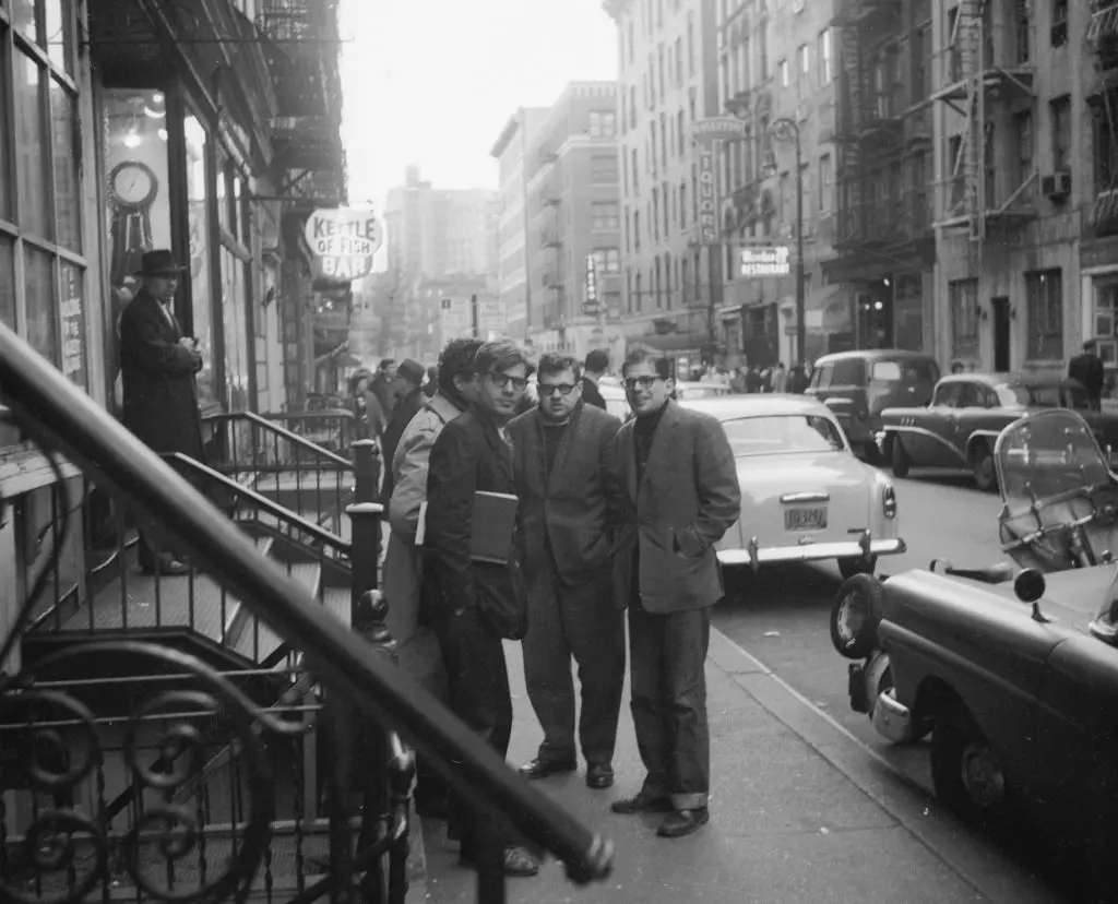 Early 1960s Greenwhich Village street scene with Allen Ginsberg, Peter-Orlovsky and others near-the-Kettle of Fish Bar