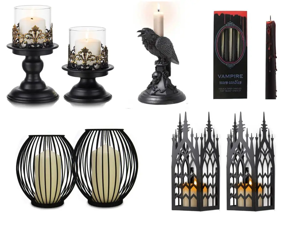 Gothic-style candleholders bring instant atmosphere to any Halloween setting — simple, striking and inexpensive