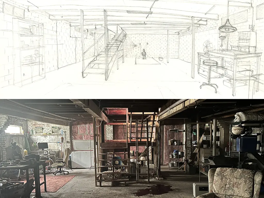 A production sketch of Teddy’s basement, and the final film set - built from scratch for Bugonia — where Teddy (Jesse Plemons) and his cousin (Aidan Delbis) interrogate Michelle (Emma Stone), believing her to be an alien Andromedan.