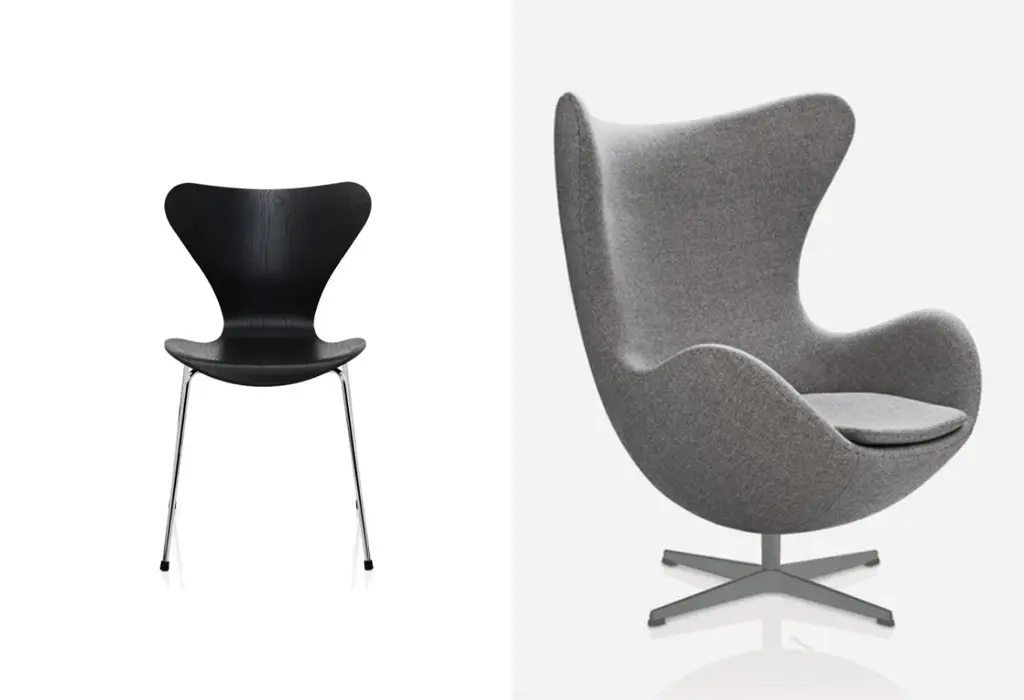 Arne Jacobsen's Series 7 dining chair and Egg Chair, available from Holloways of Ludlow