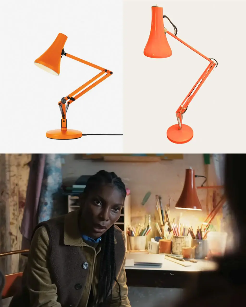 In The Christophers, an Anglepoise lamp in a vivid orange sits on Lori’s desk amongst her artist’s equipment, adding a sharp hit of colour and reinforcing her creative, expressive world.