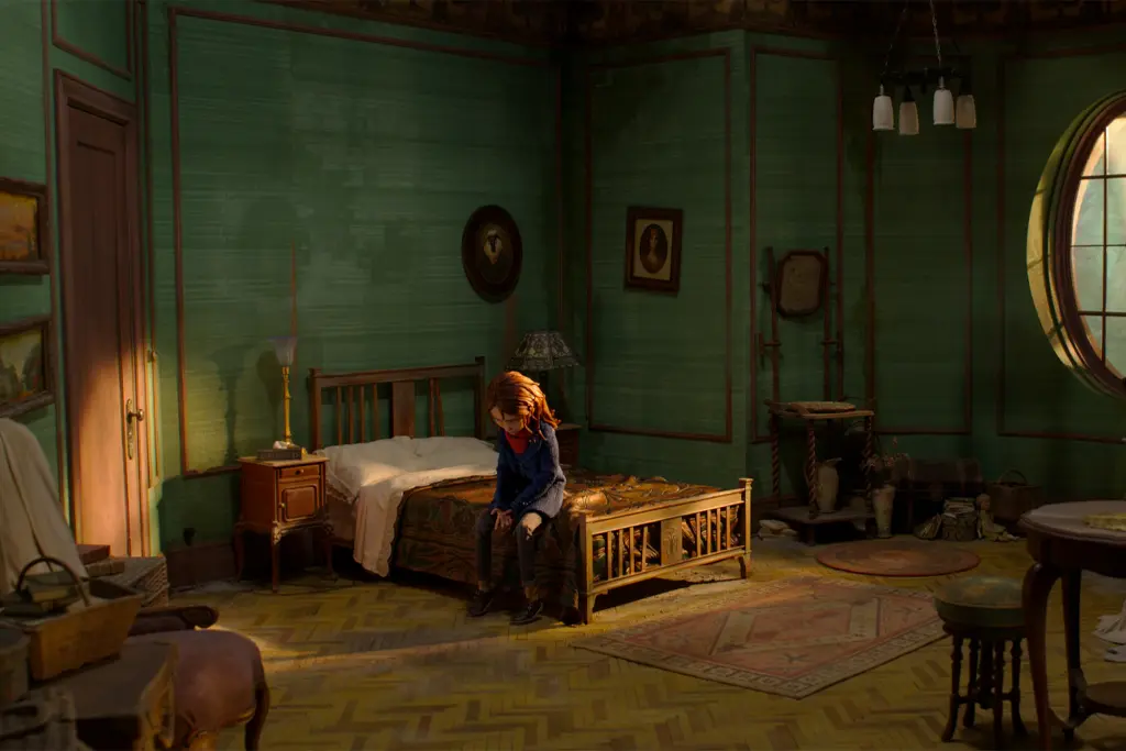 The North Tower bedroom in Pittock Mansion with parquet flooring
