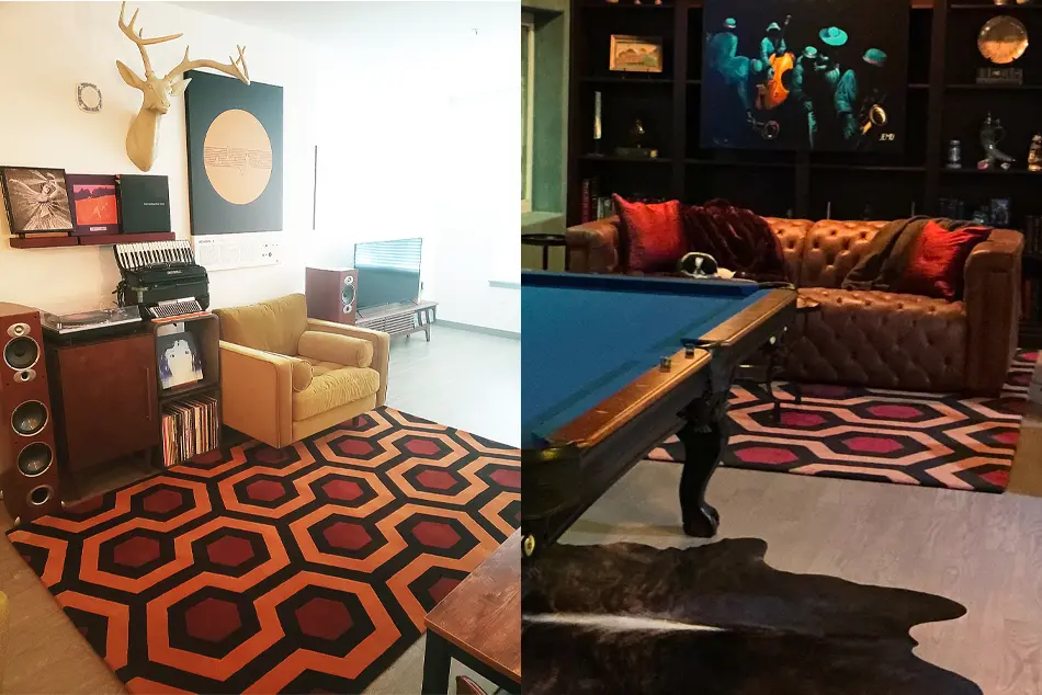 Hicks Hexagon hand-tufted 1 ply wool rugs in a music room and games room