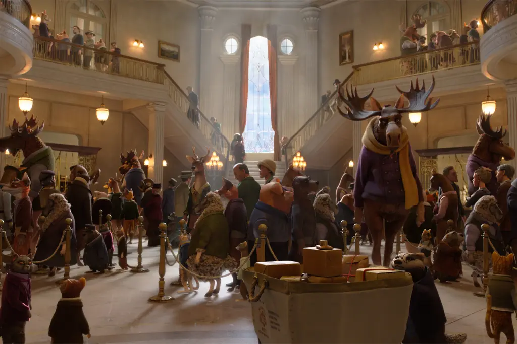 Animals queue in a chaotic bureaucratic hub modeled after Portland’s Pittock Mansion in LAIKA's animated film Wildwood.