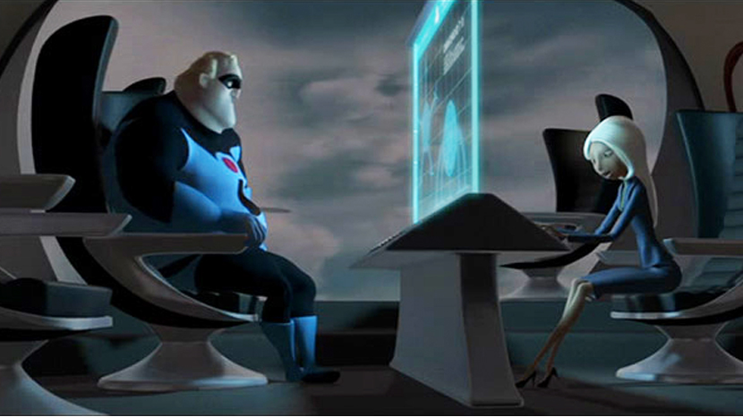 Bob Parr takes a briefing in The Incredibles. 
