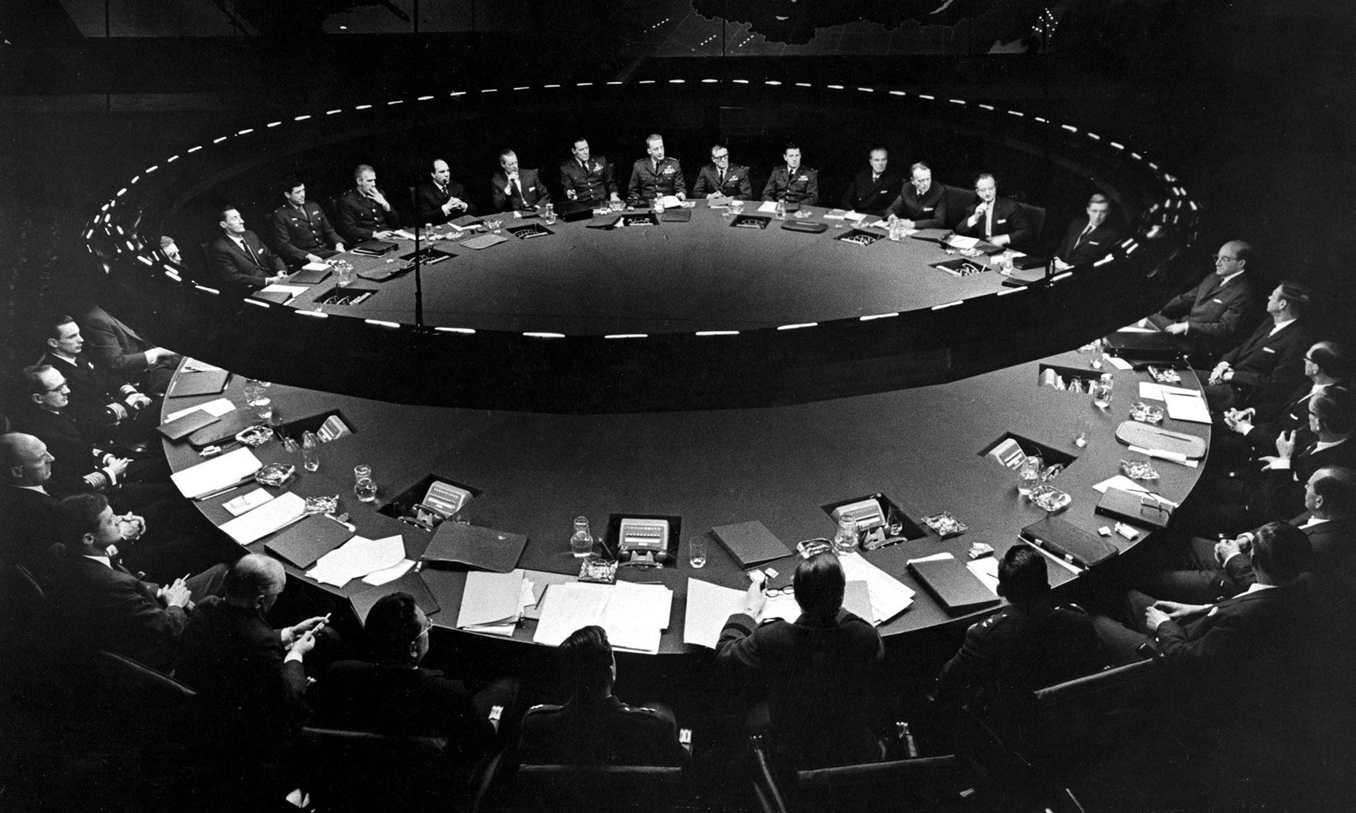 The War Room in Stanley Kubrick's Dr Strangelove. One of cinema's most influential film sets designed by Ken Adam