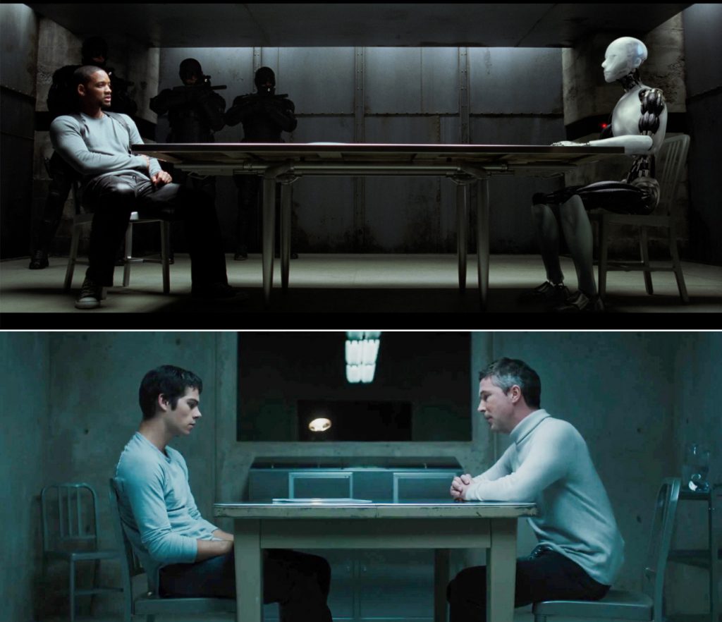 furniture design classics in the movies The Navy Chair as seen in interrogation scenes in I' Robot (top) and Maze Runner: The Scorch Trials (below).