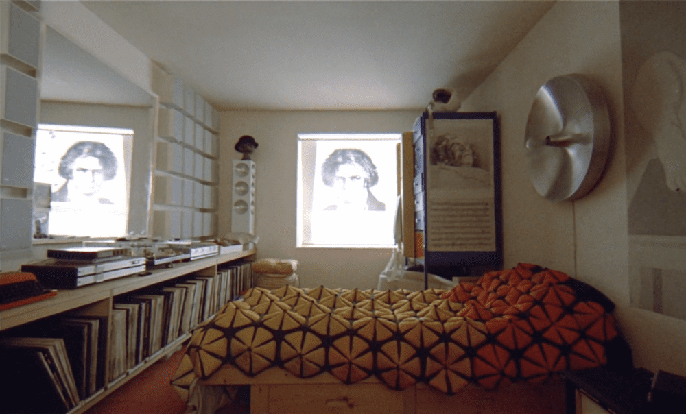 Alex's bedroom in A Clockwork Orange featuring the Transcriptors Hydraulic Reference Turntable on his sideboard to the left