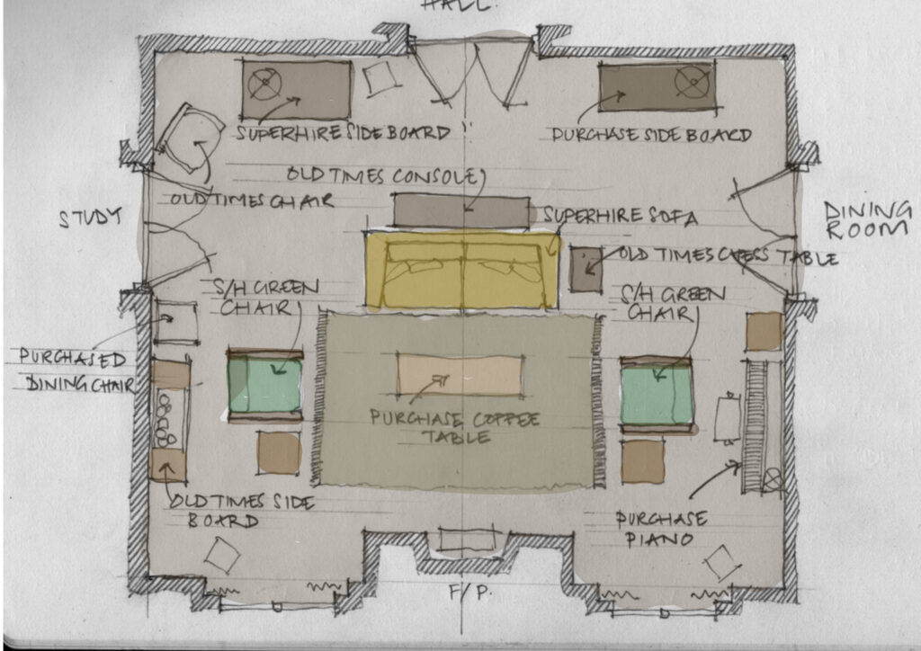 The floorplan and set decoration details of Anthony's living room decor of The Father