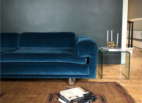Howard Keith Diplomat sofa, 1970s vintage original, recently recovered in blue velvet.