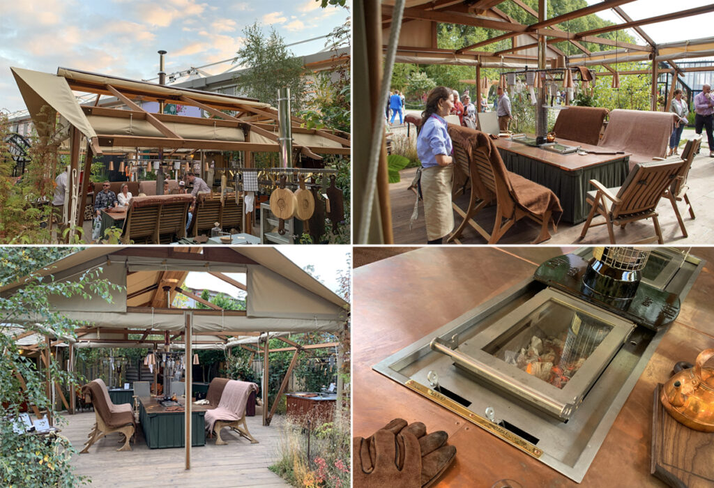 Cashemere Caveman's outdoor grill table and tent at the Chelsea Flower show