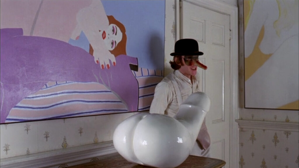 Alex is greeted by a Herman Makkink scupture when he enters Catlady's exercise room in A Clockwork Orange