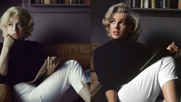 The photo of Marilyn Monroe  on a brown sofa which Armas reenacts for ‘Blonde’