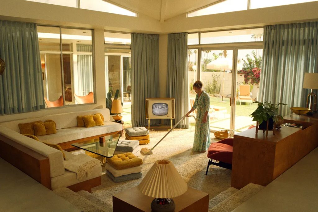 Alice in her Mid Century home in Don't Worry Darling 2022's film sets