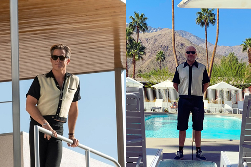Left: Chris Pine as Frank in Don't Worry Darling. Right: Film and Furniture's Paul West, Palm Springs, 2020
