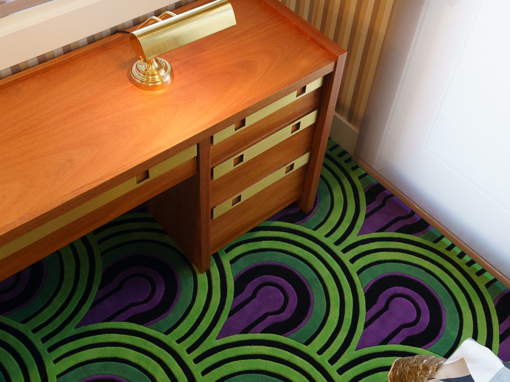 Room 237 in the Veltz' home featuring a replica of the wooden console and the Room 237 carpet.