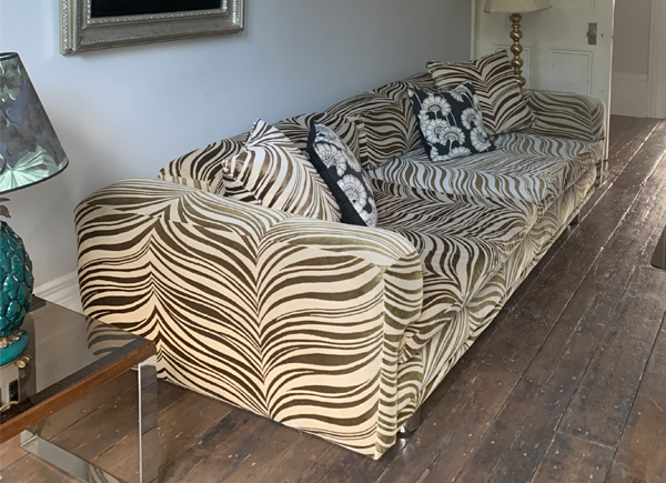 HK Diplomat sofa (Howard Keith) 1970s vintage original, zebra pattern upholstery (UK)