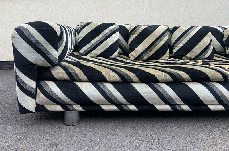 1970s HK Designs Howard Keith Diplomat sofa, vintage original, Sereno Stripe upholstery, in good condition