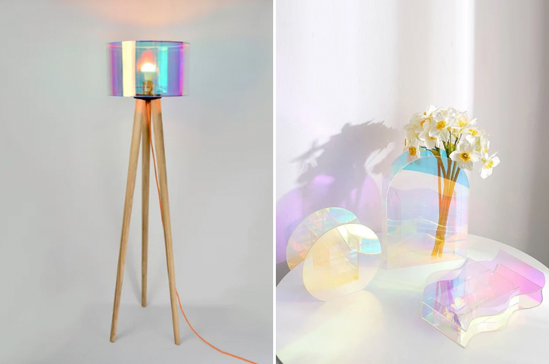 iridecent floor lamp and vase