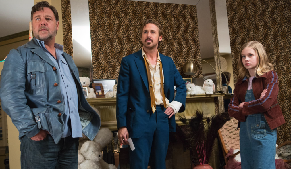 Russell Crowe, Ryan Gosling, Angourie Rice in The Nice Guys. Photo by Daniel McFadden - © 2015 Warner Bros. Entertainment Inc
