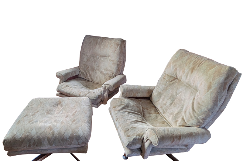 Howard Keith swivel lounge chairs (pair) and footstool, vintage original
