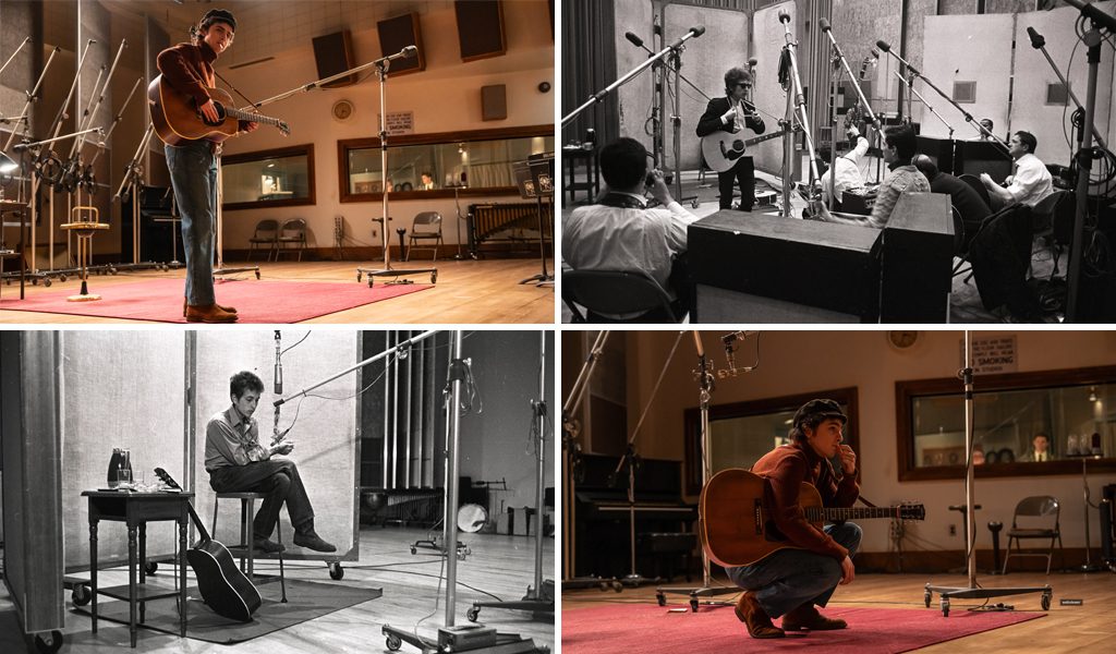 The Recording Studio A at Columbia Records. Top left and bottom right: A Complete Unknown. Top right and bottom left: The real studio in the early 60s with Bob Dylan recording