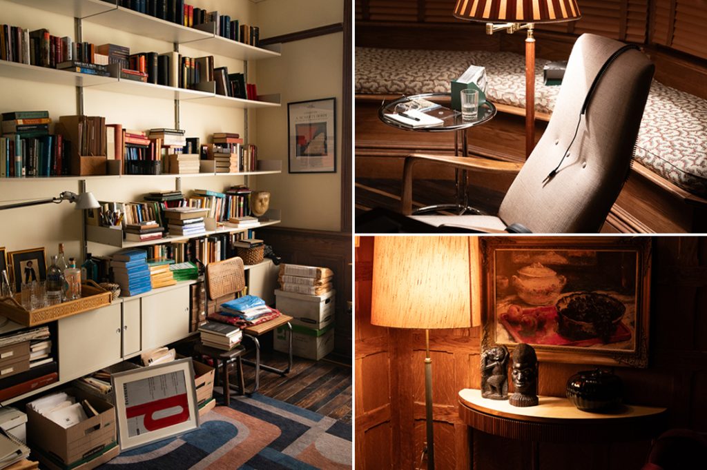 Decor details from After The Hunt including Cseca chair, bookshelves, eileen gray side table and african/hiatan masks