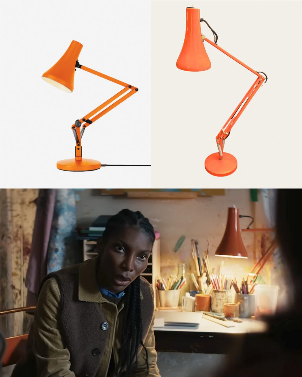In The Christophers, an Anglepoise lamp in a vivid orange sits on Lori’s desk amongst her artist’s equipment, adding a sharp hit of colour and reinforcing her creative, expressive world.
